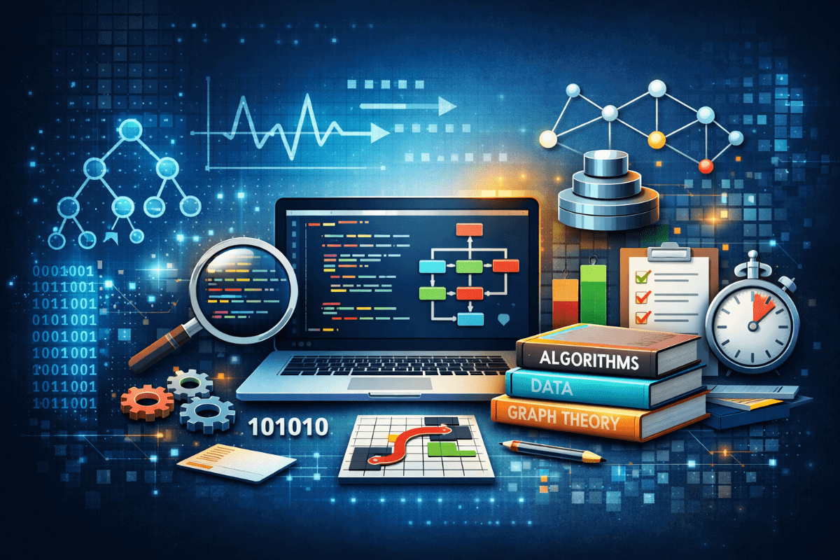 Algorithms tutoring illustration showing graphs, paths, and optimization concepts