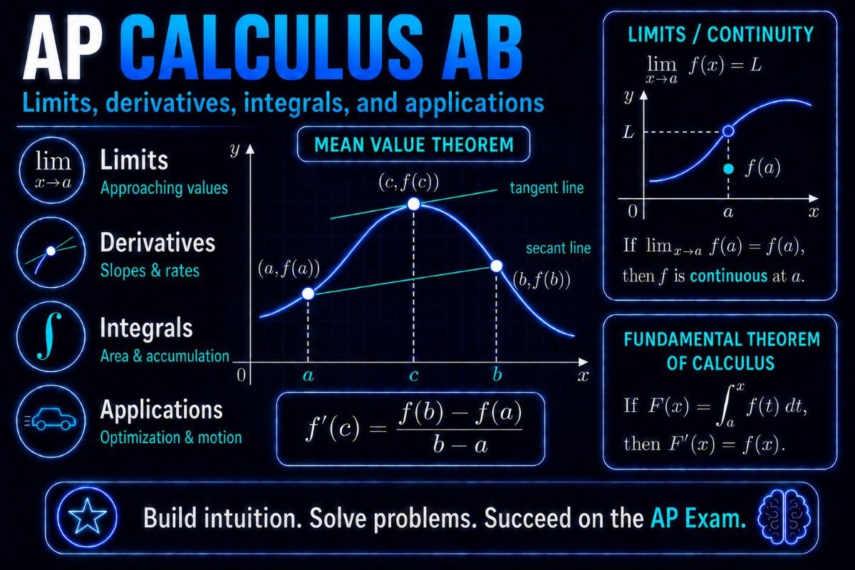 AP Calculus AB concepts including limits, derivatives, integrals, and applications