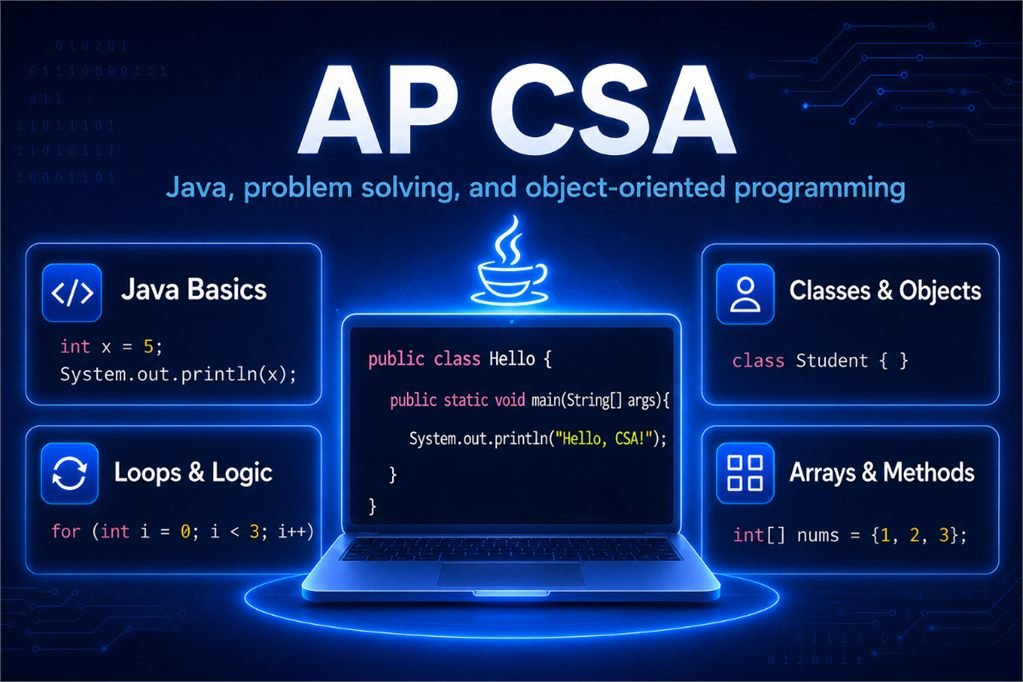 AP Computer Science A Java topics including classes, loops, arrays, and methods