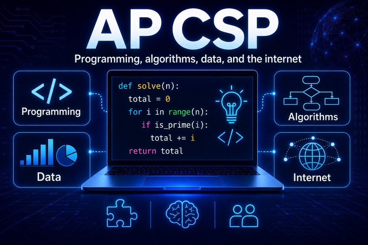 AP Computer Science Principles concepts including programming, algorithms, data, and the internet