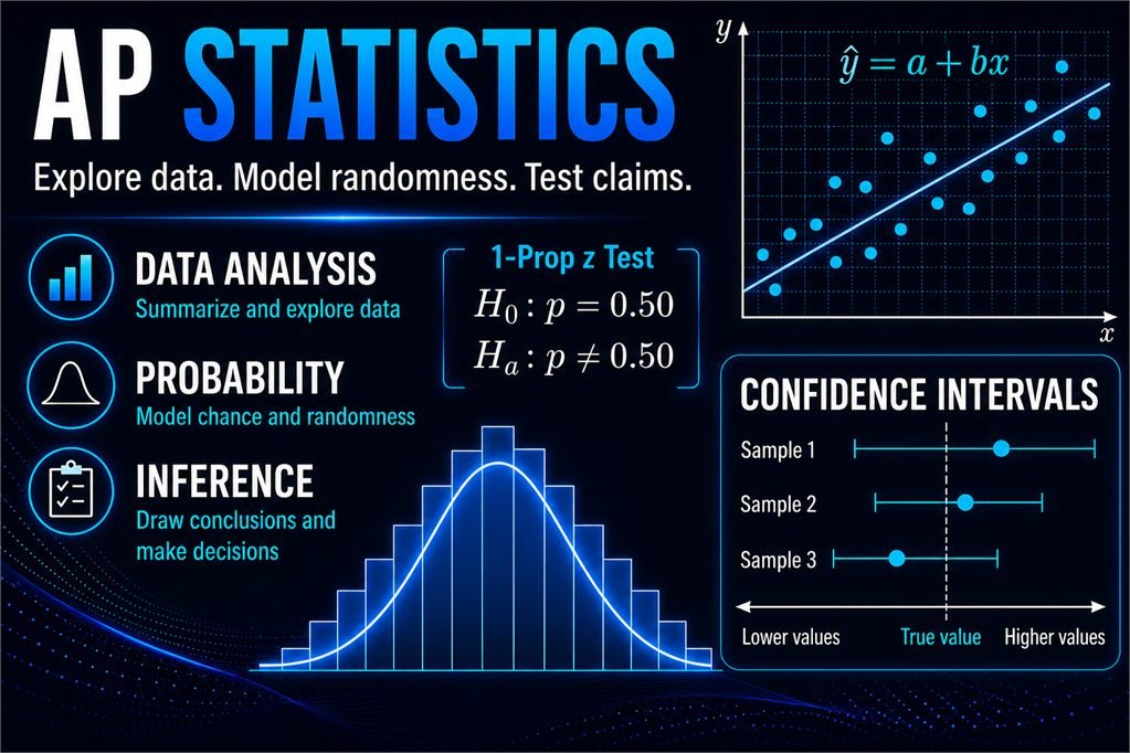 AP Statistics topics including data analysis, probability, inference, regression, and confidence intervals