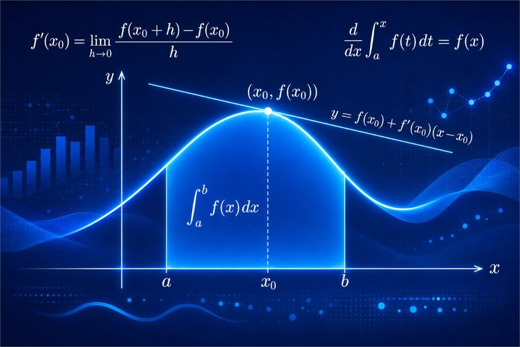 Calculus illustration with derivative and integral formulas, a tangent line, and area under a curve