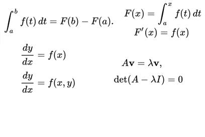 Mathematical equations including the Fundamental Theorem of Calculus, eigenvalue equation for a matrix, determinant condition for eigenvalues, and ordinary differential equations.