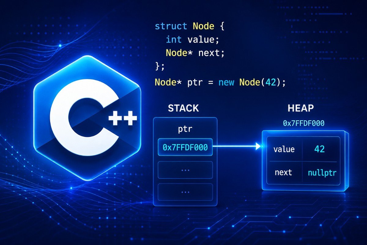 C++ programming illustration showing pointers, linked nodes, stack, and heap memory
