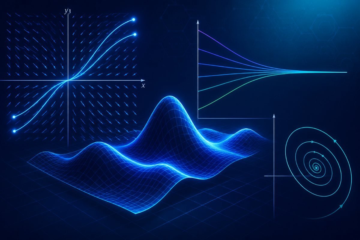 Differential equations illustration with a slope field, solution curves, and phase portrait