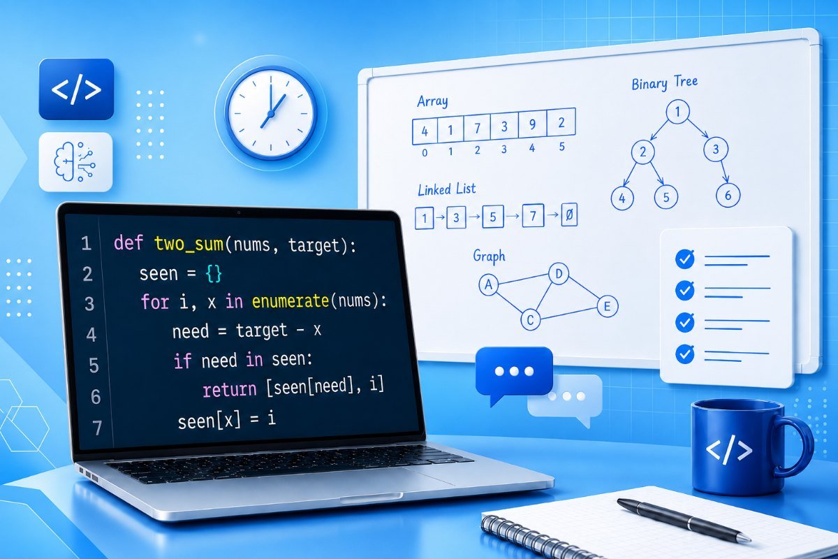 Technical interview preparation workspace with coding, arrays, linked lists, graphs, and binary trees