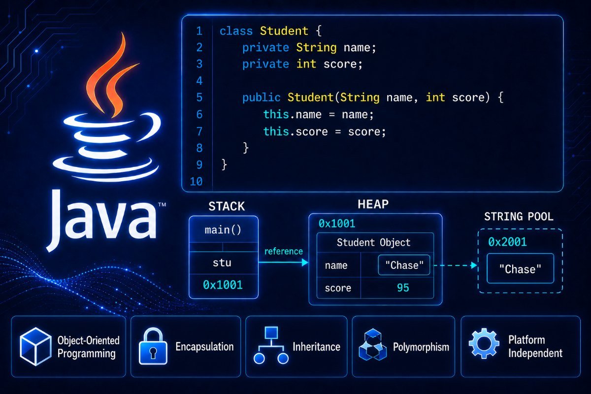 Java programming illustration showing a Student class and stack, heap, and string pool memory