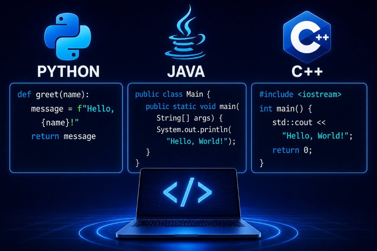 Programming languages and example code in Python, Java, and C++