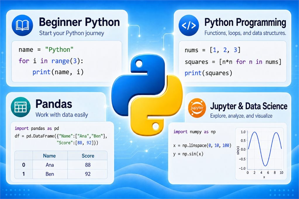 Python tutoring topics including beginner Python, general Python, Pandas, and Jupyter data science
